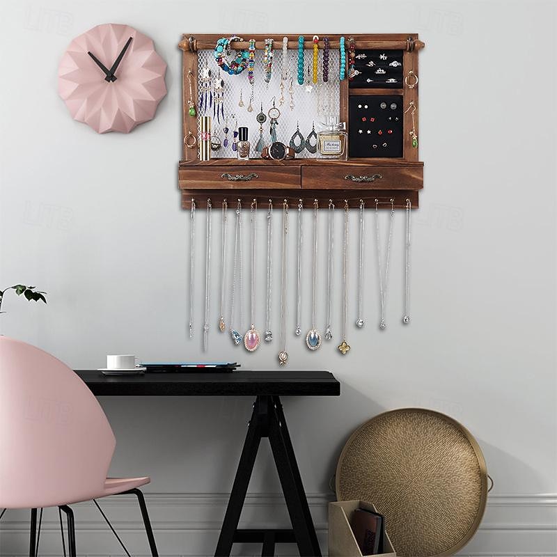 Wall Mounted Jewelry Display Stand with Drawer Solid Wood Storage for Necklace, Earrings, Bracelet, Jewelry Storage3