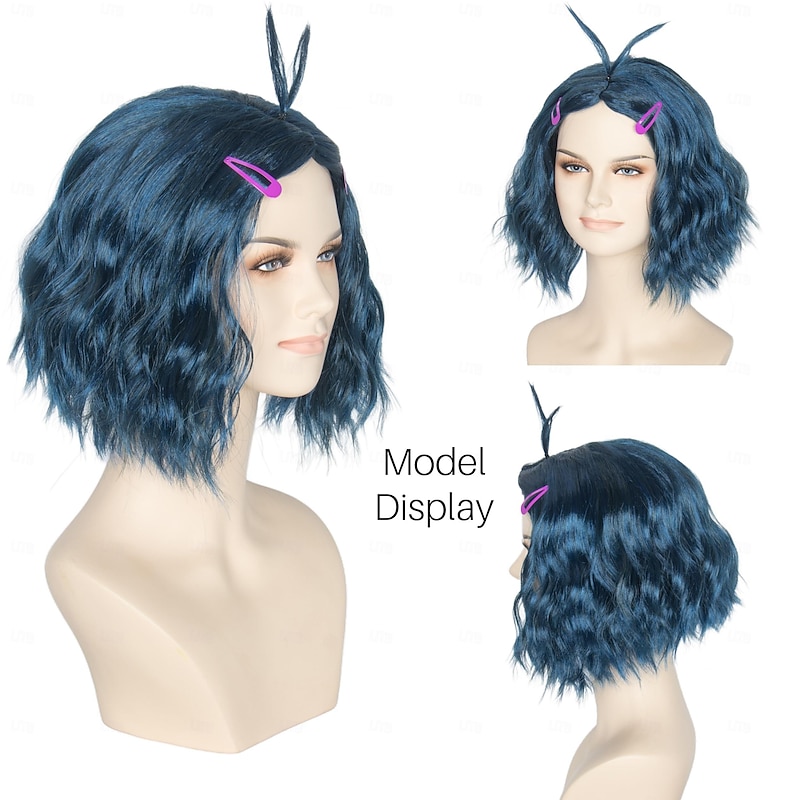 Inside Out 2 Envy Wig Short Wavy Deep Blue Wig with Hairpins Center Part Women Girls Emotions Anime Cosplay Wig (Only Wigs) Halloween Wigs3