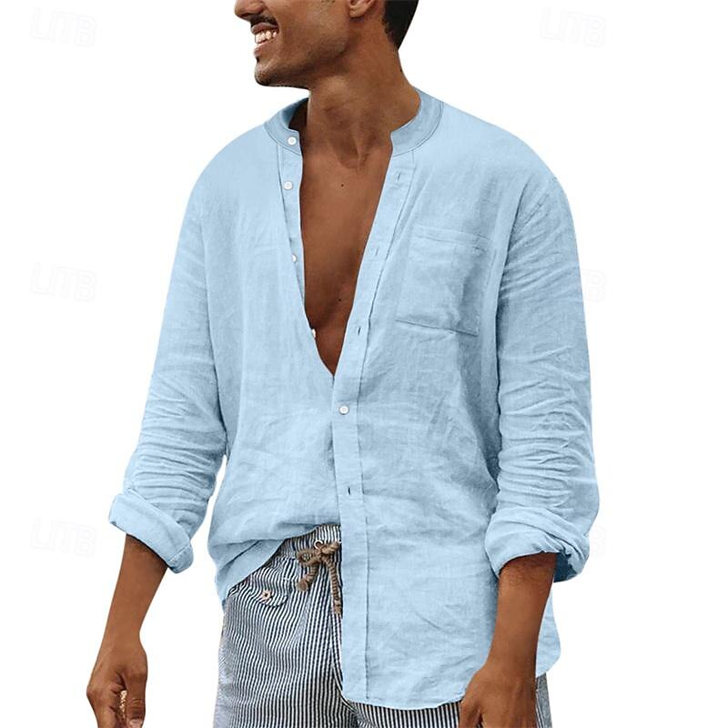 Men's Shirt Summer Shirt Casual Shirt Beach Shirt Button Up Shirt Black White Navy Blue Brown khaki Long Sleeve Plain Grandad Collar Band Collar Vacation Hawaiian Front Pocket Clothing Apparel