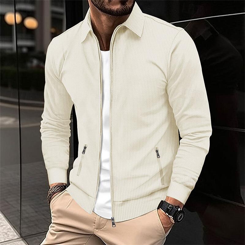 Men's Lightweight Jacket Waffle Jacket Summer Jacket Shirt Jacket Vacation Daily Soft Pocket Spring &  Fall Plain Fashion Classic Lapel Regular Waffle Fabric Black White Blue Khaki Gray Jacket4