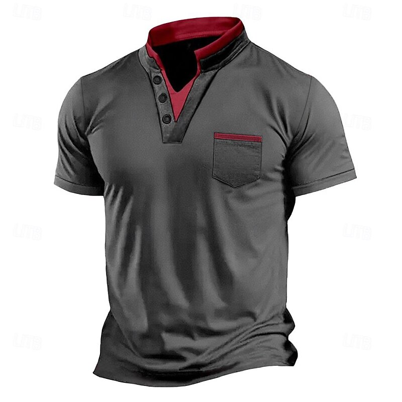 Men's V Neck Tee Short Sleeve Shirt Tee Top Short Sleeve V Neck Summer Patchwork Daily Street Style Buttons Outdoor Street Causal Drak Gray Black White Top Tee for Men3