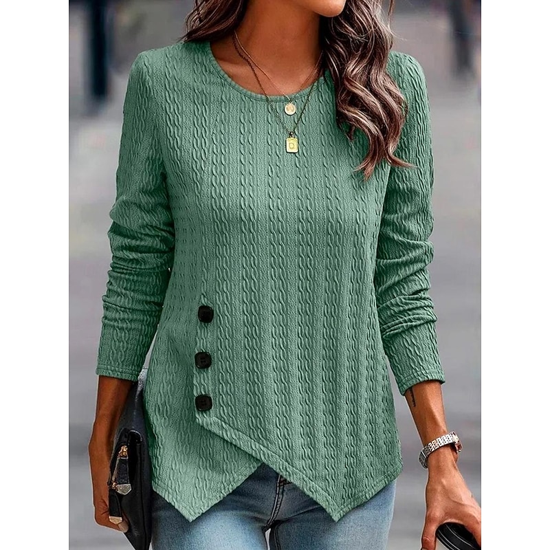 Women's Tunic Blouse Elegant Stylish Solid Color Buttons Asymmetric Hem Long Sleeve Regular Tops Crew Neck Daily Sage Green Spring Fall Winter