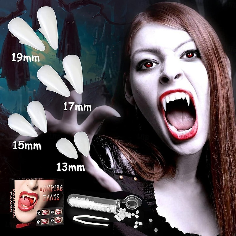 4 Pairs Halloween Vampire Teeth 4 Sizes Custom Fangs Vampire Teeth with 1 Tube Teeth Pellets Adhesive for Cosplay Party Props Halloween Party Fangs Fake Dentures2
