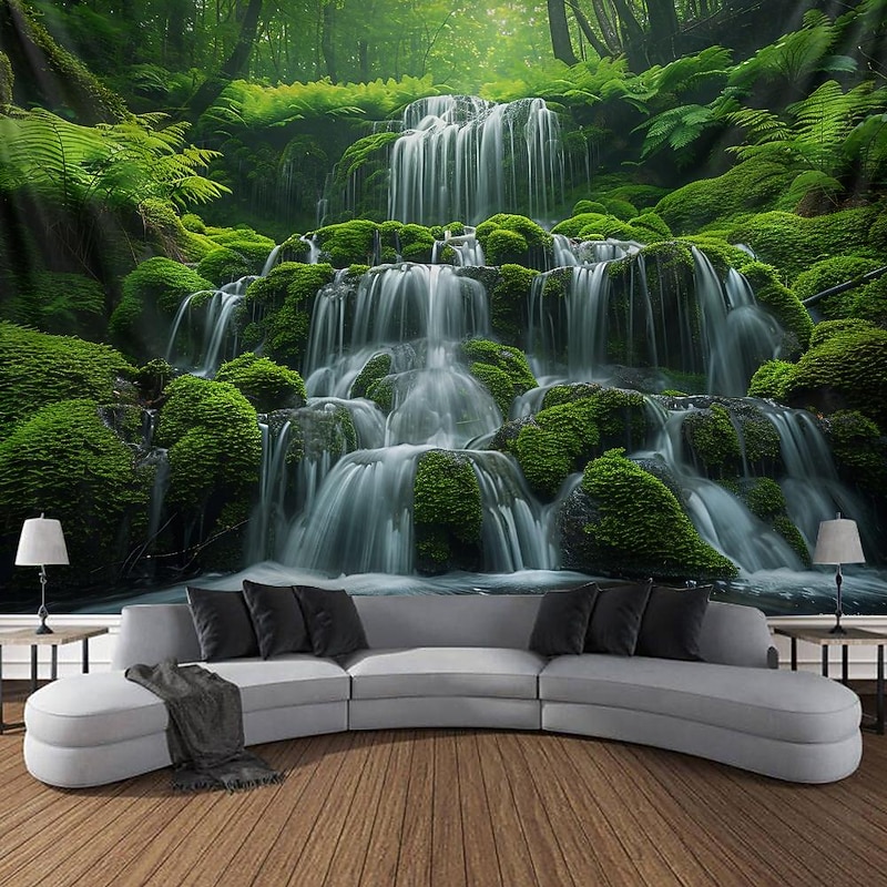 Forest Cascade Landscape Hanging Tapestry Wall Art Large Tapestry Mural Decor Photograph Backdrop Blanket Curtain Home Bedroom Living Room Decoration