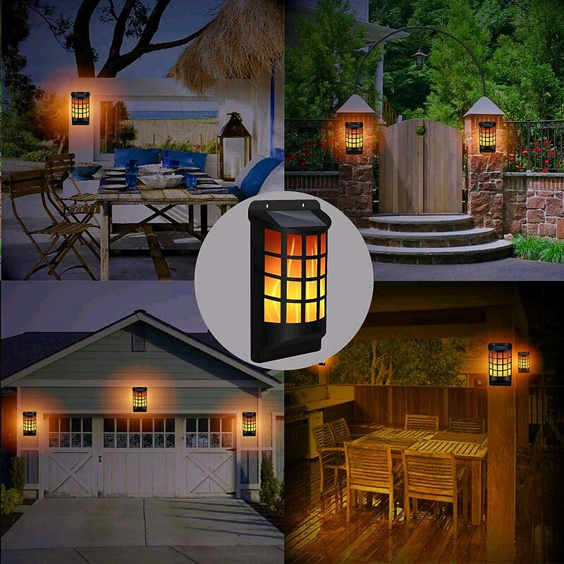 1 Pc Solar Flame Lights Outdoor, Waterproof Flickering Flame Wall Lights with Dark Sensor Auto On/Off 66 LED Solar Powered Night Lights Lattice Design for Garden Pathway Patio Deck Yard3