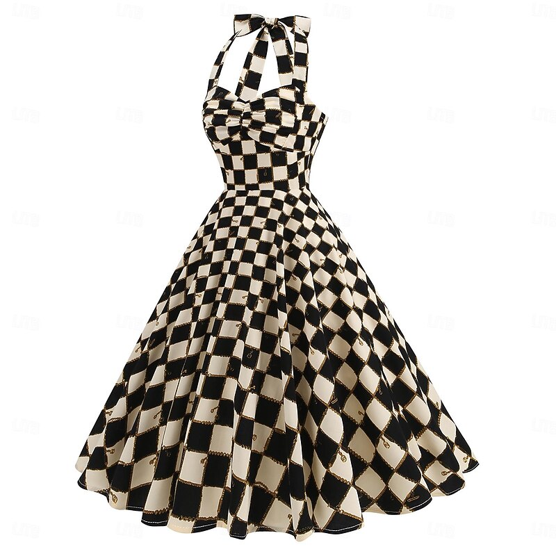 Retro Vintage 1950s Rockabilly Knee Length Swing Dress Flare Dress Halter Floral Plaid A-Line Fancy Dress Women's Carnival Vacation Casual Daily Retro Theme Party Adults' Dress Spring & Summer3