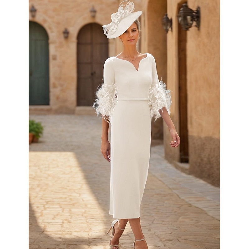 Sheath Mother of the Bride Dress Wedding Guest Elegant V Neck Ankle Length Stretch Fabric Half Sleeve with Feather Race Day Dress