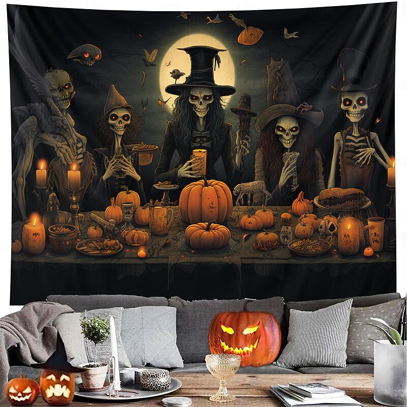 Halloween Decorations Skeletons Dinner Hanging Tapestry Wall Art Large Tapestry Mural Decor Photograph Backdrop Blanket Curtain Home Bedroom Living Room Decoration Pumpkins Bats
