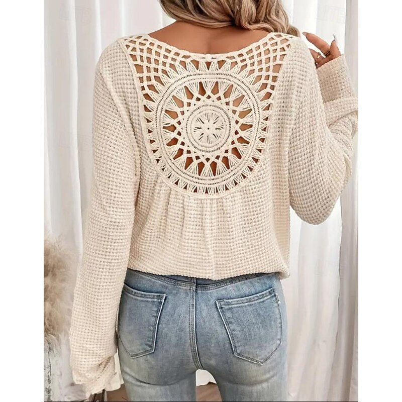 Women's White Elegant Lace Tops Eyelet Blouse Stylish Casual Solid Color Eyelet Long Sleeve Crew Neck Daily Romantic Petite Tops Summer Holiday Wear Grass Green Pink Blue Beige Summer Spring Fall