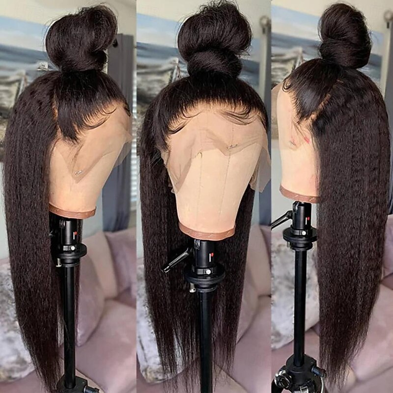 Remy Human Hair 13x4 Lace Front Wig Free Part Brazilian Hair kinky Straight Black Wig 150% Density with Baby Hair Glueless Pre-Plucked For wigs for black women Long Human Hair Lace Wig2