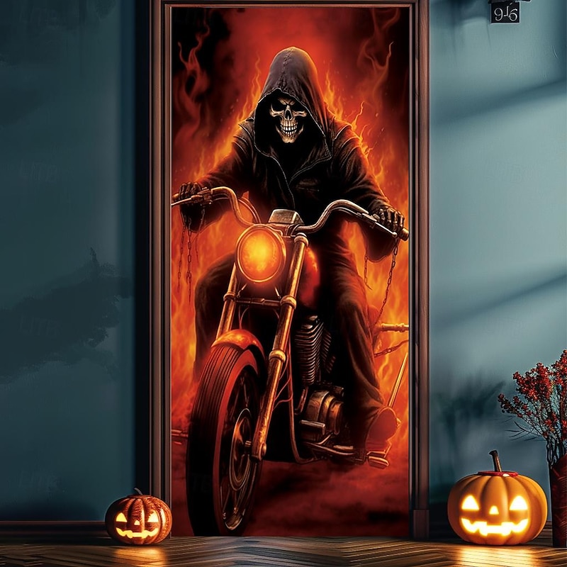 Halloween Door Covers Death Motorcycle Door Tapestry Door Curtain Decoration Backdrop Door Banner for Front Door Farmhouse Holiday Party Decor Supplies