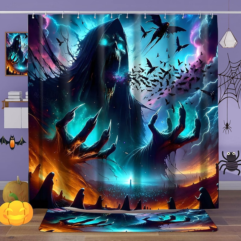 Halloween Shower Curtain with Hooks for Bathroom Shower Curtain  Bathroom Decor Set Polyester Waterproof 12 Pack Plastic Hooks Skull Heads2