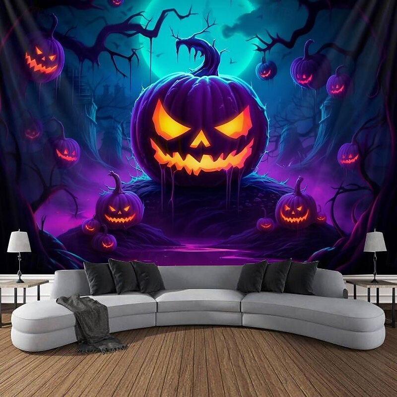 Halloween Decorations Carved Pumpkin Blacklight Tapestry UV Reactive Glow in the Dark Forest Trippy Mountain Misty Zombie Ghost Hanging Tapestry Wall Art Mural for Living Room Bedroom