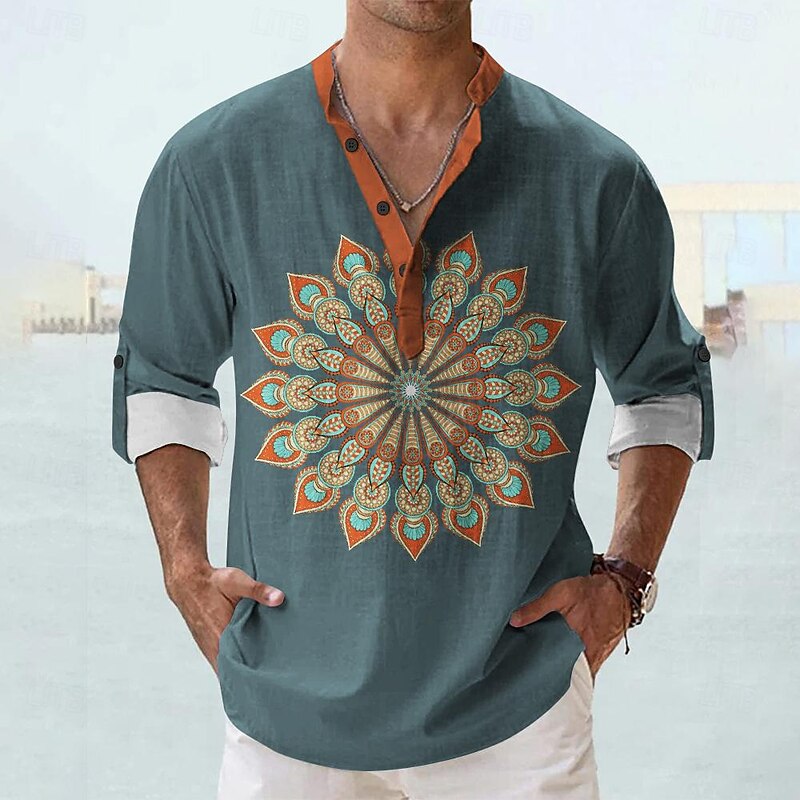 Men's Shirt Button Up Shirt Long Sleeve Tribal Fashion Casual Vacation Causal Casual Summer Spring &  Fall Stand Collar Buttons Print Black Purple Green3