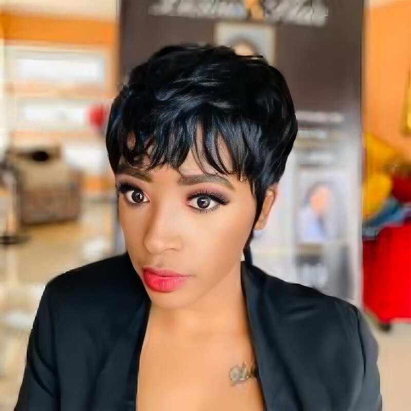 Pixie Cut Wig Human Hair Wigs For Black Women Short Human Hair Wigs with Bangs Pixie Cut Short Straight Black Wigs Full Machine Made Glueless Wigs