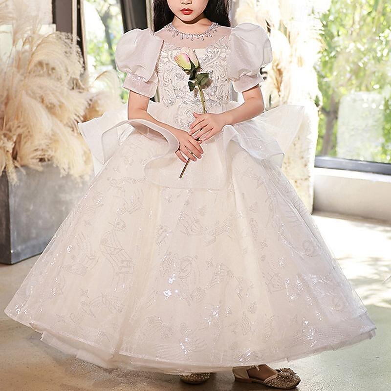 Girls' 3D Solid Color Flower Girl Dress Party Dress Short Sleeve Summer Performance Wedding Party Princess Beautiful Sweet Kids 4-12 Years Party Dress Swing Dress Tulle Dress Maxi Regular Fit2