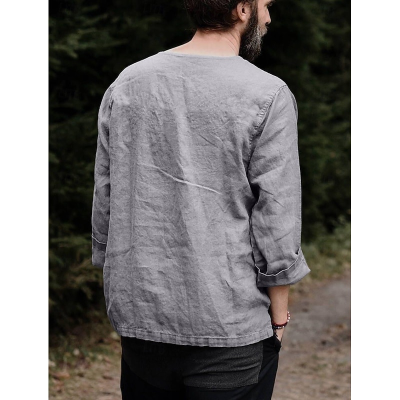 Men's Linen Shirt Renaissance Festival Viking Style Summer Shirt Beach Wear Maroon Black White Pink Long Sleeve Solid Color Collarless Outdoor Street Clothing Apparel2