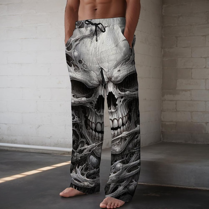 Men's Skull Casual Pants Mid Waist Holiday Straight Leg Summer Spring 3D Print Black