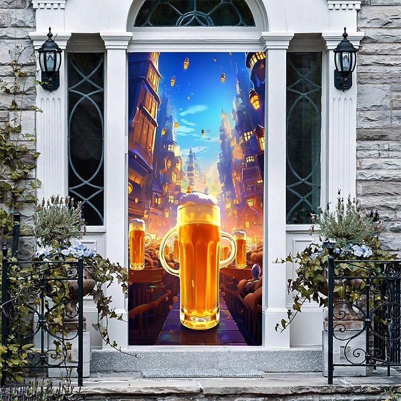 Beer Door Covers Door Tapestry Door Curtain Decoration Backdrop Door Banner for Front Door Farmhouse Holiday Party Decor Supplies