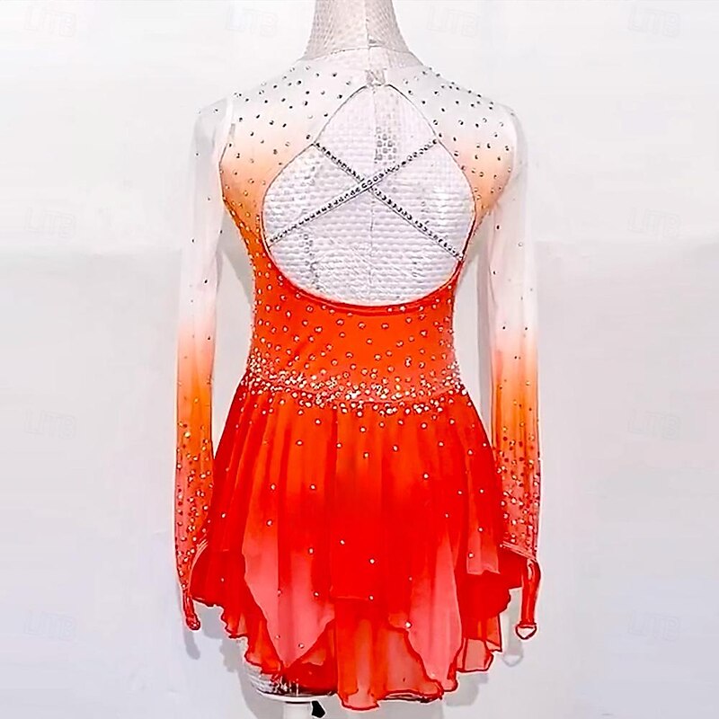 Figure Skating Dress Women's Girls' Ice Skating Dress Red Patchwork Thumbhole Mesh High Elasticity Training Competition Skating Wear Classic Long Sleeve Ice Skating Figure Skating4