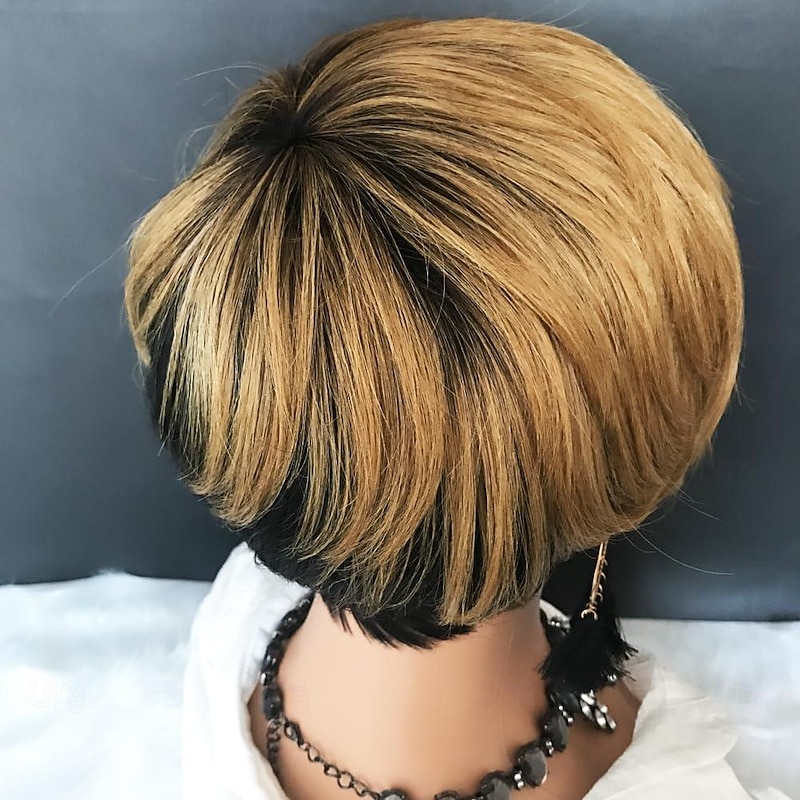 Human Hair Wigs for Black Women Short Blonde Bob Pixie Cut Wig Human Hair Short Wigs Human Hair Natural Straight Pixie Wig with Bangs Ombre Blond 1b/272