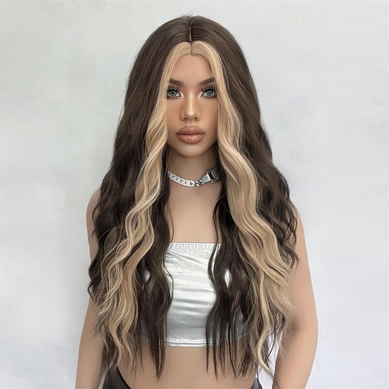 Synthetic Wig Wavy Bouncy Curl Middle Part Wig 26 inch Dark Brown Synthetic Hair Women's Middle Part Cool Adorable Mixed Color2