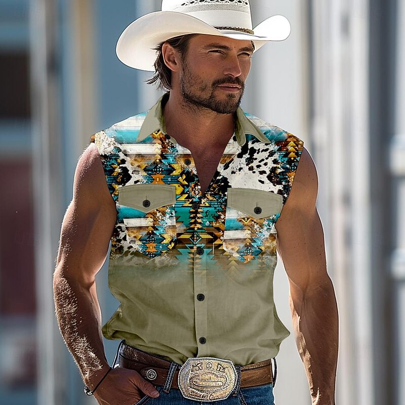 Men's Southwestern Print Shirt Western Shirt Cowboy Shirt Sleeveless Western Style Outdoor Work Causal Summer Spring Shirt Collar Blue Green Khaki2