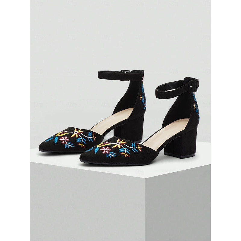Women's Embroidered Ankle Strap Block Heels - Elegant Floral Pattern Dress Shoes for Parties and Events