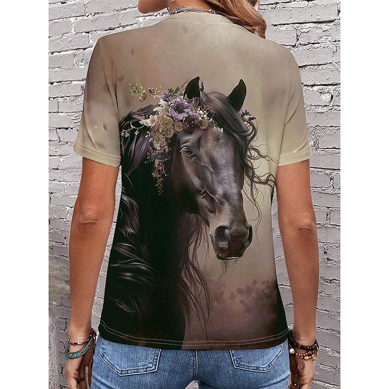 Women's T Shirt Casual Ombre Horse Print Short Sleeve Regular Tops Crew Neck Daily Light Brown Summer2
