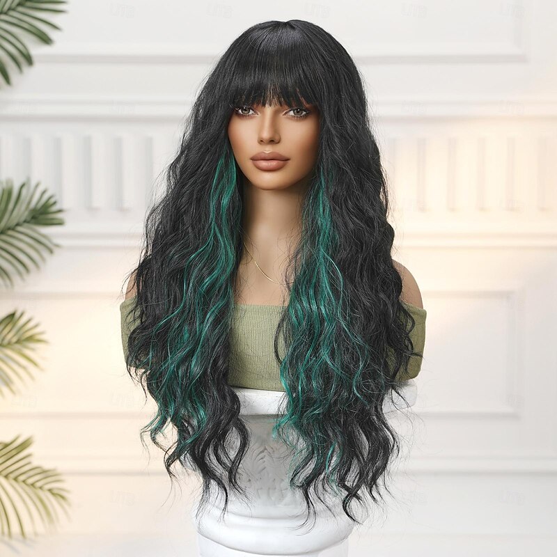 Synthetic Wig Uniforms Career Costumes Princess Curly Wavy Middle Part Layered Haircut Machine Made Wig 26 inch Black / Green Synthetic Hair Women's Cosplay Party Fashion Green4