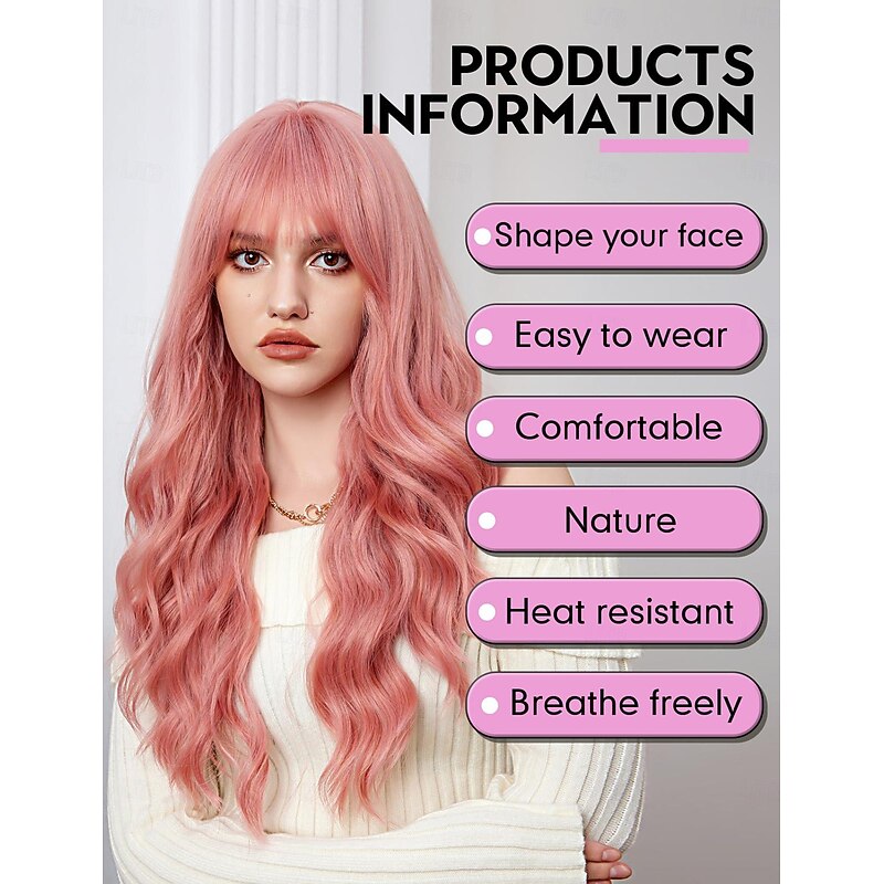 Long Wigs for Women,Synthetic Wavy Hair Wig with Bangs Halloween Cosplay Party Wigs4