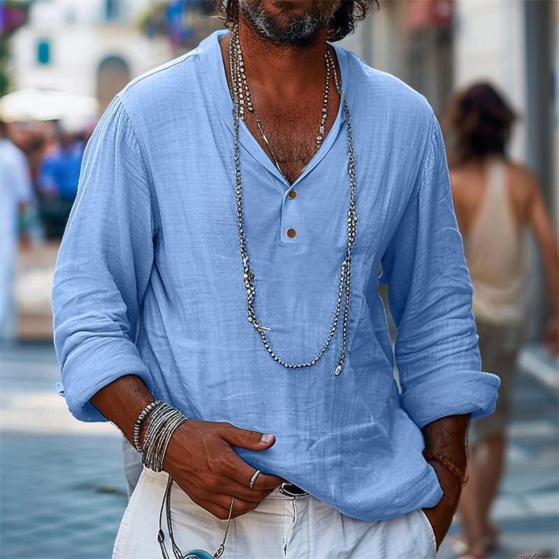 Men's Shirt Linen Shirt Popover Shirt Summer Shirt Beach Wear Plain Vacation Casual Black Khaki Light Blue Long Sleeve Collar Spring & Summer Clothing Apparel
