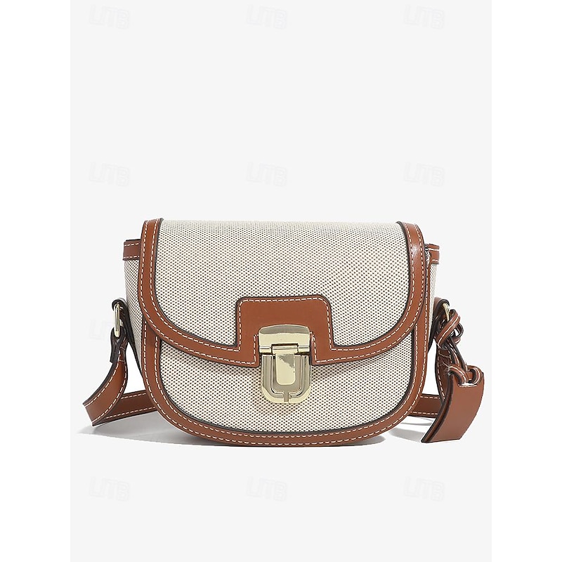 Women's Crossbody Bag – Vintage Leather Trim Small Shoulder Purse with Buckle Closure – Beige and Brown, Ideal for Daily Use and Travel