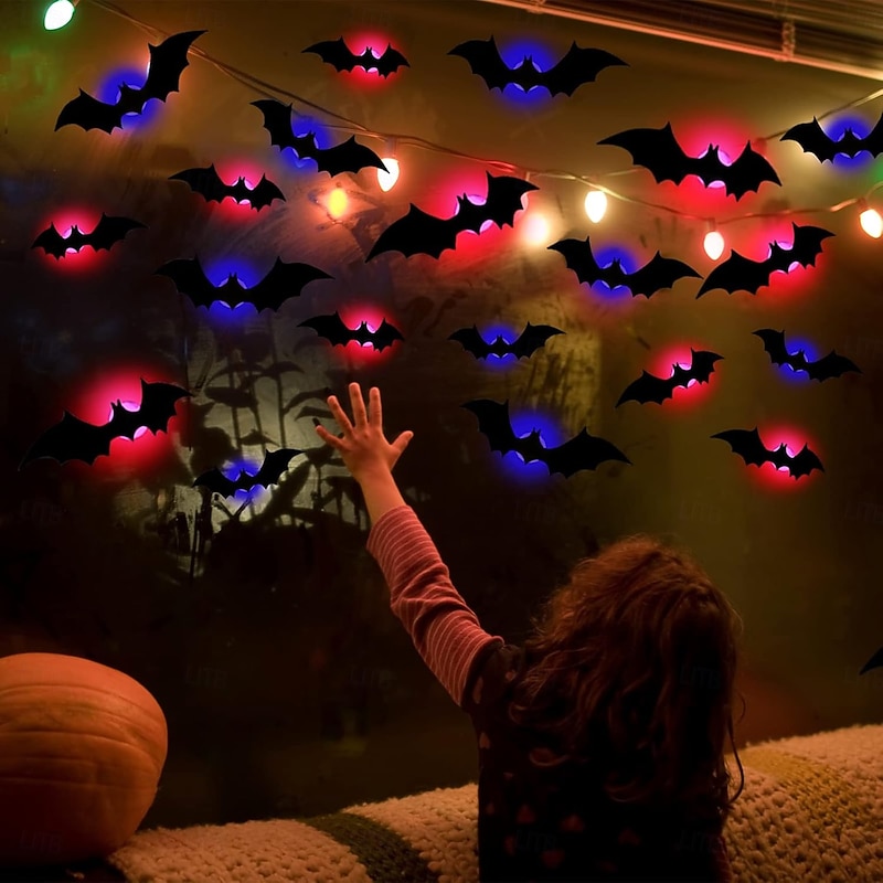 12Pcs 3D Halloween Bat Decoration Night Light - Spooky Multi-Purpose Decor for Indoor Window Yard Garage with Eerie Glow, PVC Wall Sticker, Room Decor, Home Decor, Halloween Room Decor, Goth Theme
