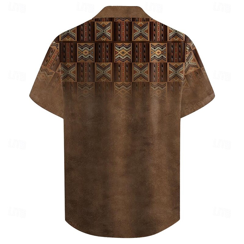 Men's Ethnic Shirt Button Up Shirt Short Sleeve Vintage Casual Vacation Daily Summer Turndown Button Up 3D Print Brown2
