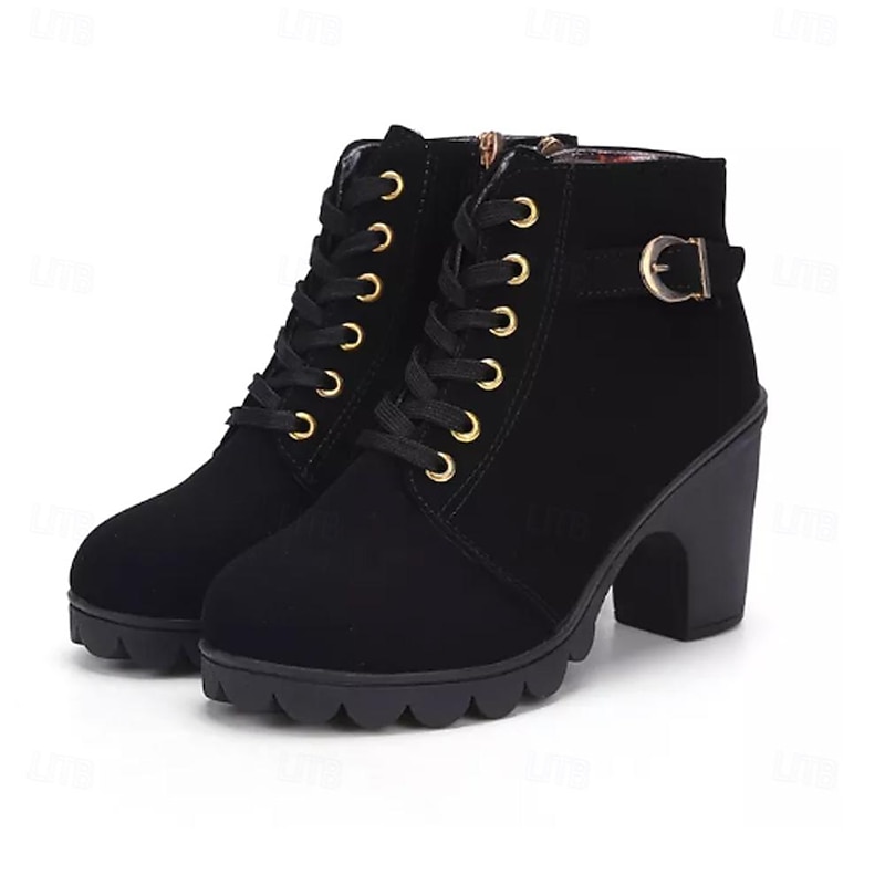 Women's Black Lace-Up Ankle Boots with Chunky Heel and Side Buckle, Casual Fashion Short Boots for Autumn and Winter Streetwear2