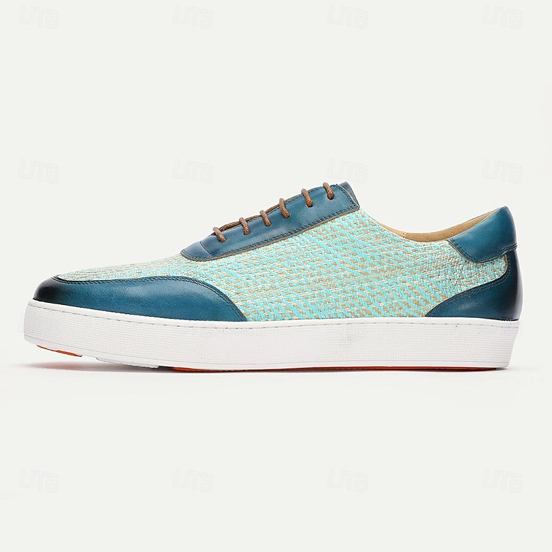 Men's Blue Leather Sneakers with Woven Pattern - Stylish and Comfortable Lace-Up Casual Shoes for Everyday Wear4