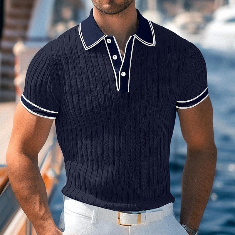 Men's Polo Shirts Muscle Shirt Work Casual Lapel Ribbed Polo Collar Short Sleeve Basic Modern Color Block Patchwork Pocket Spring & Summer Slim Fit Light Blue White Burgundy Navy Blue Gray Polo Shirts4