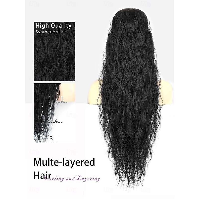 Wavy Curly Ponytail Extension 26 Inch Long Black Drawstring Ponytail Extension for Women Clip in Ponytail Natural Synthetic Hairpiece Thick For Daily Use3