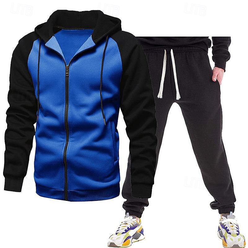 Men's Tracksuit Jogging Suit Drawstring Pocket Color Block Jacket and Sweatpants Athletic Clothing Set Fall Dark Grey Black Gym Workout Jogging Running Thermal Warm Soft Breathable Long Sleeve Sport