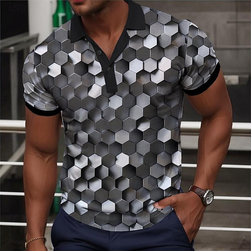 Men's Graphic Waffle Polo Shirts Golf Shirt Short Sleeve Polo Shirts Collared Shirts Casual Vacation Wear Rave Wear Party Outfits Buttons 3D Print Spring & Summer Gray