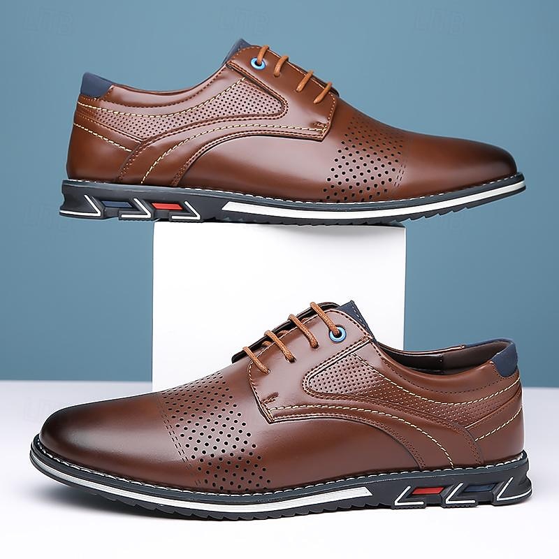 Men's Brown Leather Oxford Dress Shoes with Breathable Perforations and Comfortable Sole for Business and Formal Events3