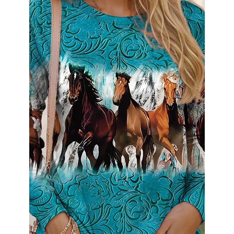 Women's T shirt Long Sleeve Crew Neck Long Sleeve Tunic Casual Horse Print Regular Tops Daily Blue Spring Fall Prefall3