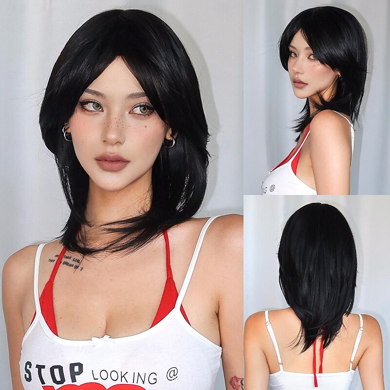 Synthetic Wig Uniforms Career Costumes Princess Straight kinky Straight Middle Part Layered Haircut Machine Made Wig 18 inch Black Synthetic Hair Women's Cosplay Party Fashion Natural Black