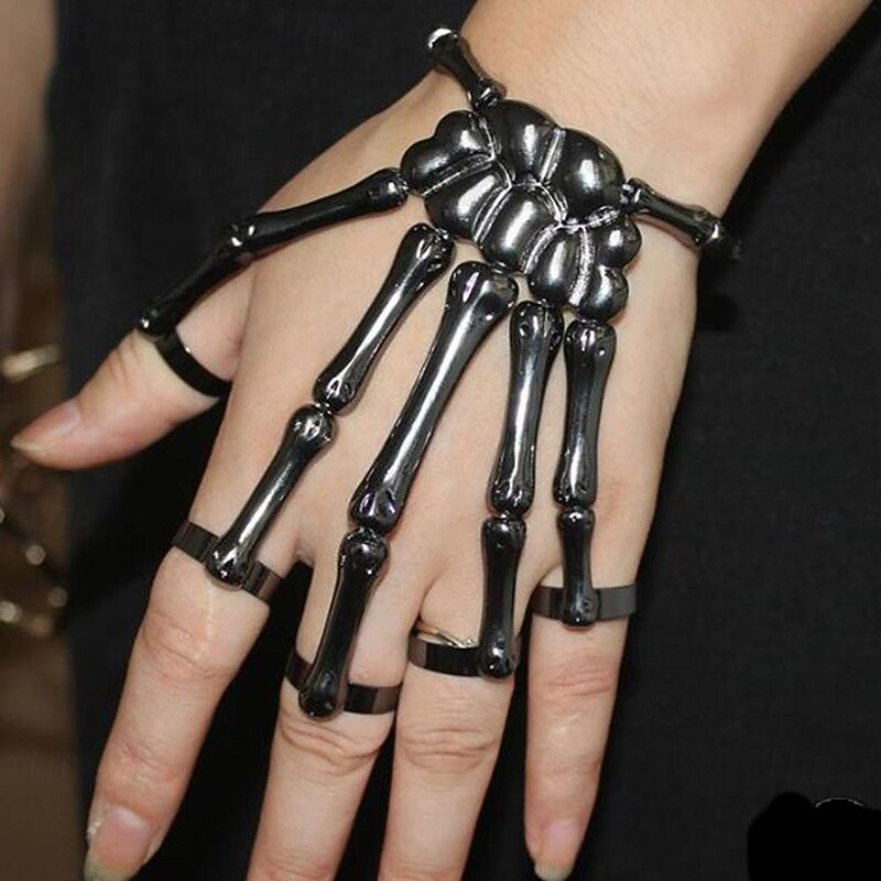 Halloween Skull Skeleton Hand Bracelet with Finger Ring Chain Gothic Bone Joint Jewelry Accessory Gift2