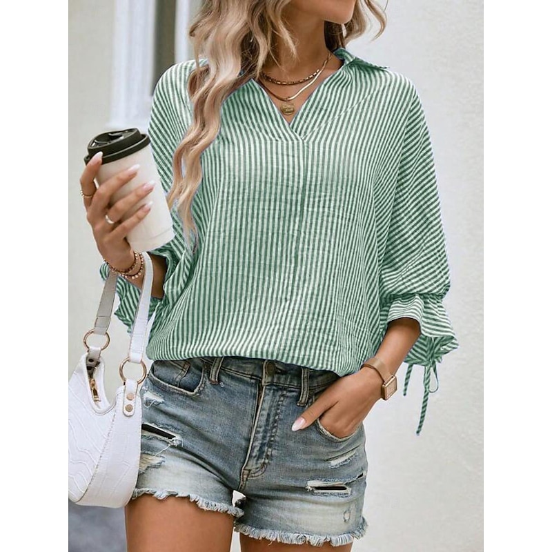 Women's Shirt Striped Elegant Modern 3/4 Length Sleeve Ruffle Sleeve Shirt Collar Work Asymmetric Blue Green Summer Spring Fall 5