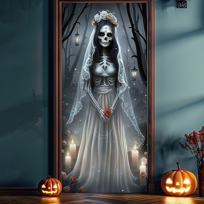 Halloween Door Decorations Ghost Bride Halloween Door Covers Door Tapestry Door Curtain Decoration Backdrop Door Banner for Front Door Farmhouse Holiday Party Decor Supplies3