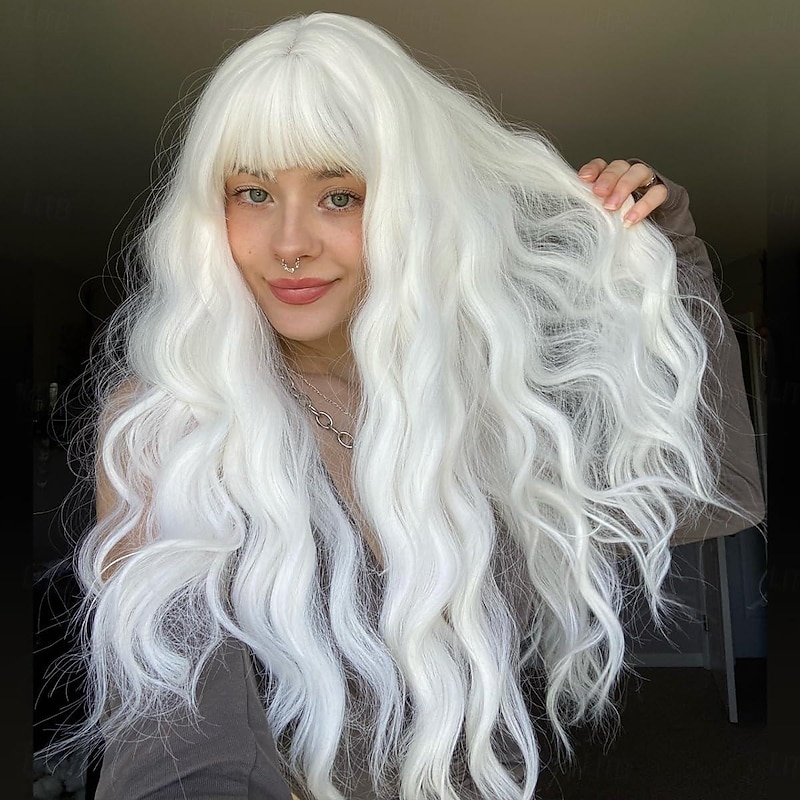 Wig with Bangs Long Natural Wavy Synthetic Wigs for Women 26 Inches Long Heat Resistant Fiber Wigs for Cosplay Party Use Halloween Wigs3