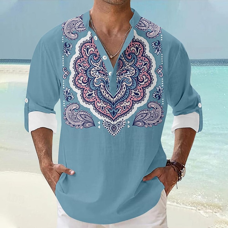 Men's Southwestern Print Button Up Shirt Henley Shirt Long Sleeve Hawaiian Resort Outdoor Business / Ceremony / Wedding Casual Summer Spring Fall Turndown Pink Blue