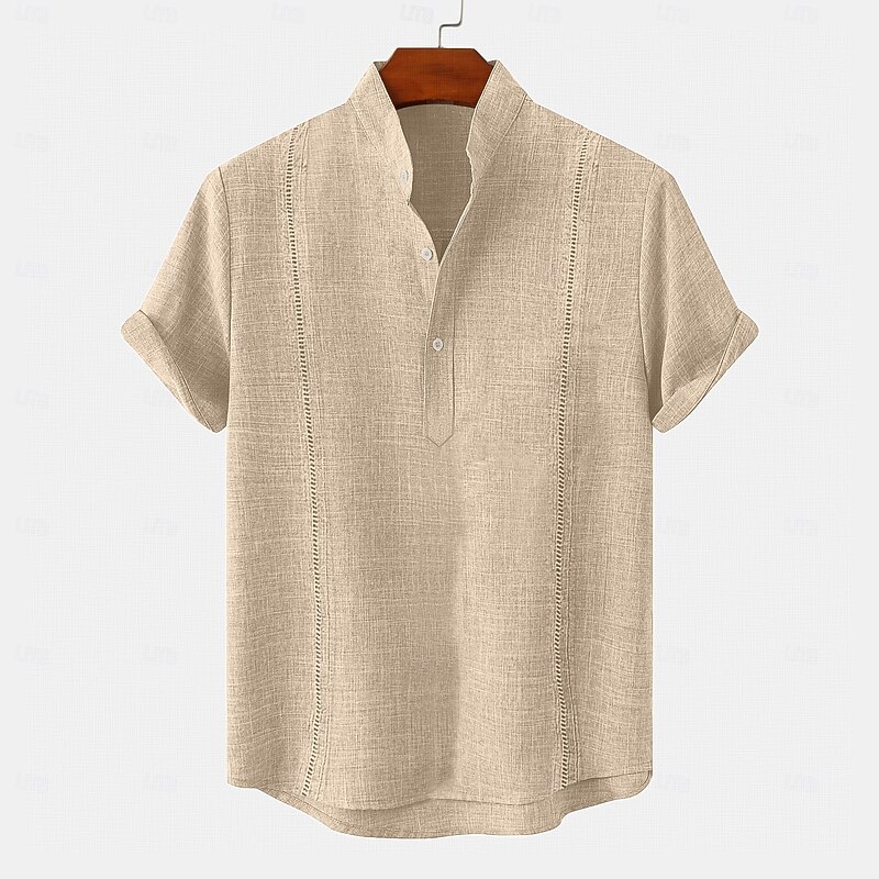 Men's Shirt Linen Shirt Guayabera Shirt Summer Shirt Beach Wear Solid Color Casual Daily White Royal Blue Green Khaki Short Sleeve Band Collar Summer Spring Clothing Apparel4